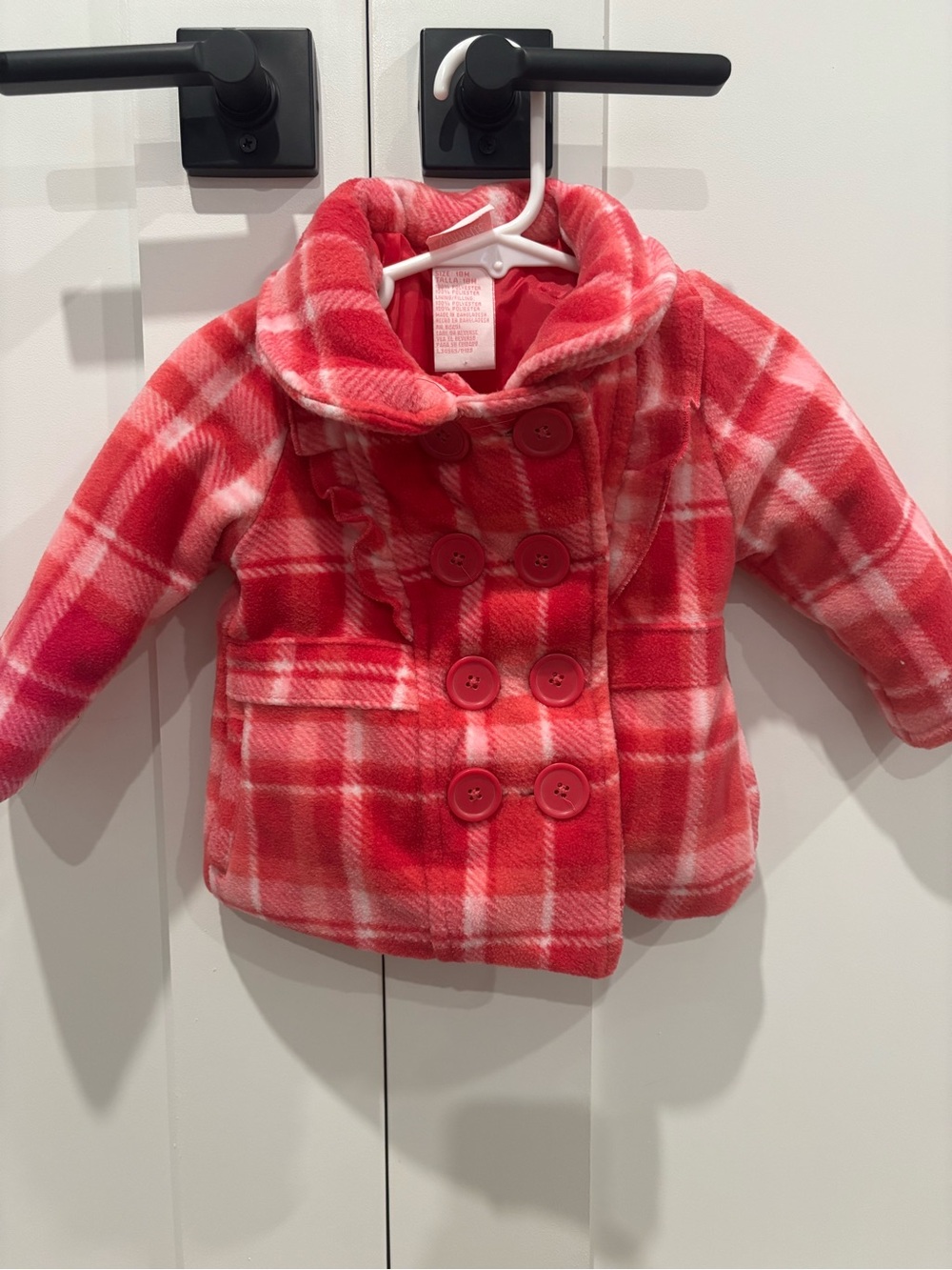 Girls' Coral Pink Plaid Double-Breasted Fleece Coat
